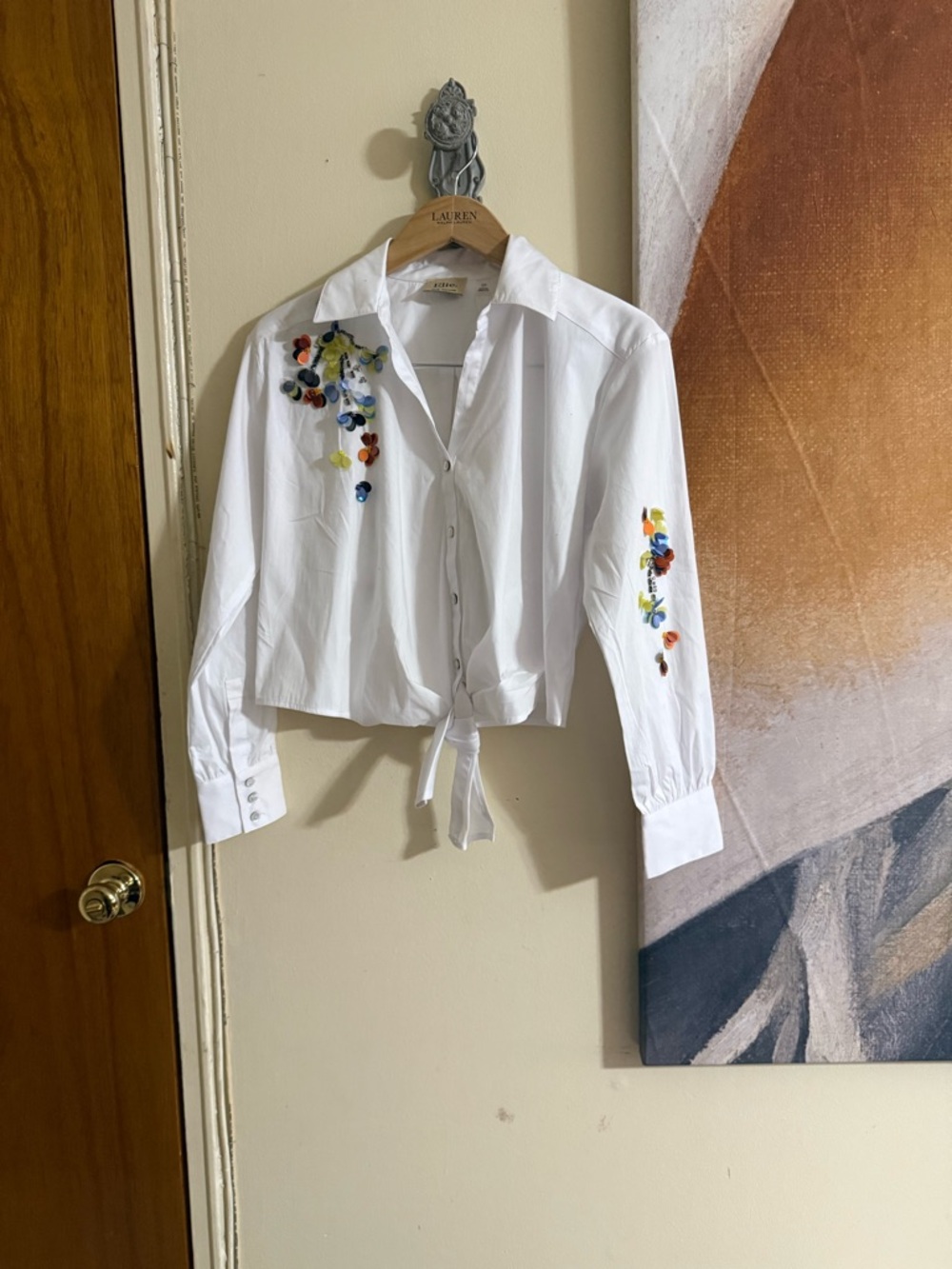 Elie Tahari White Tie-Front Blouse with Colorful Floral Embellishments